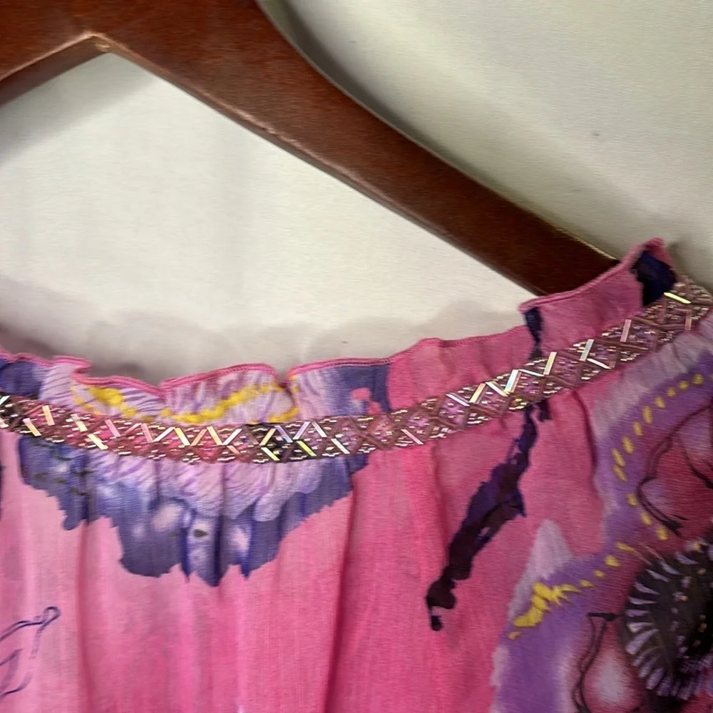 Harlow Zee Boho Beaded Pink Floral Top Blouse Small